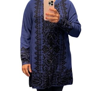 Susan Graver Jacquard Button Front RoyalBlue Sweater Women Size S